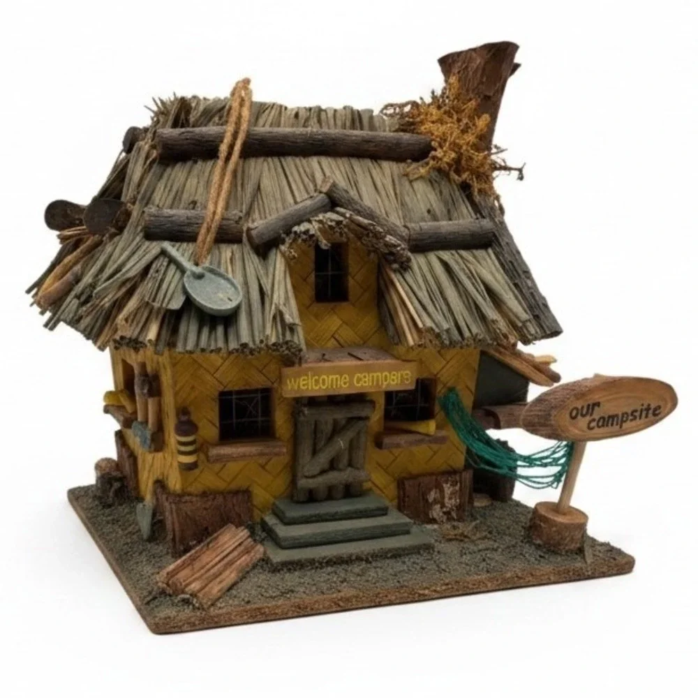 Rustic Cabin Birdhouse Our Campsite Thatched Roof Log Cabin Woodsy Vintage